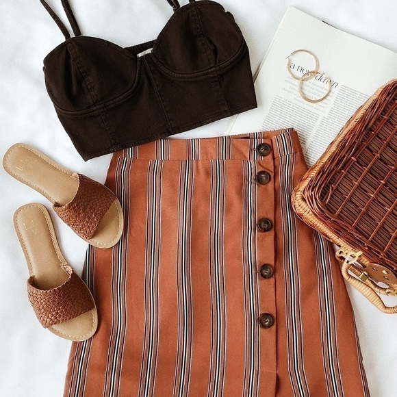 Lulu’s Stride Rust Orange Striped Button Front Pencil Skirt Sz S - Picture 2 of 9